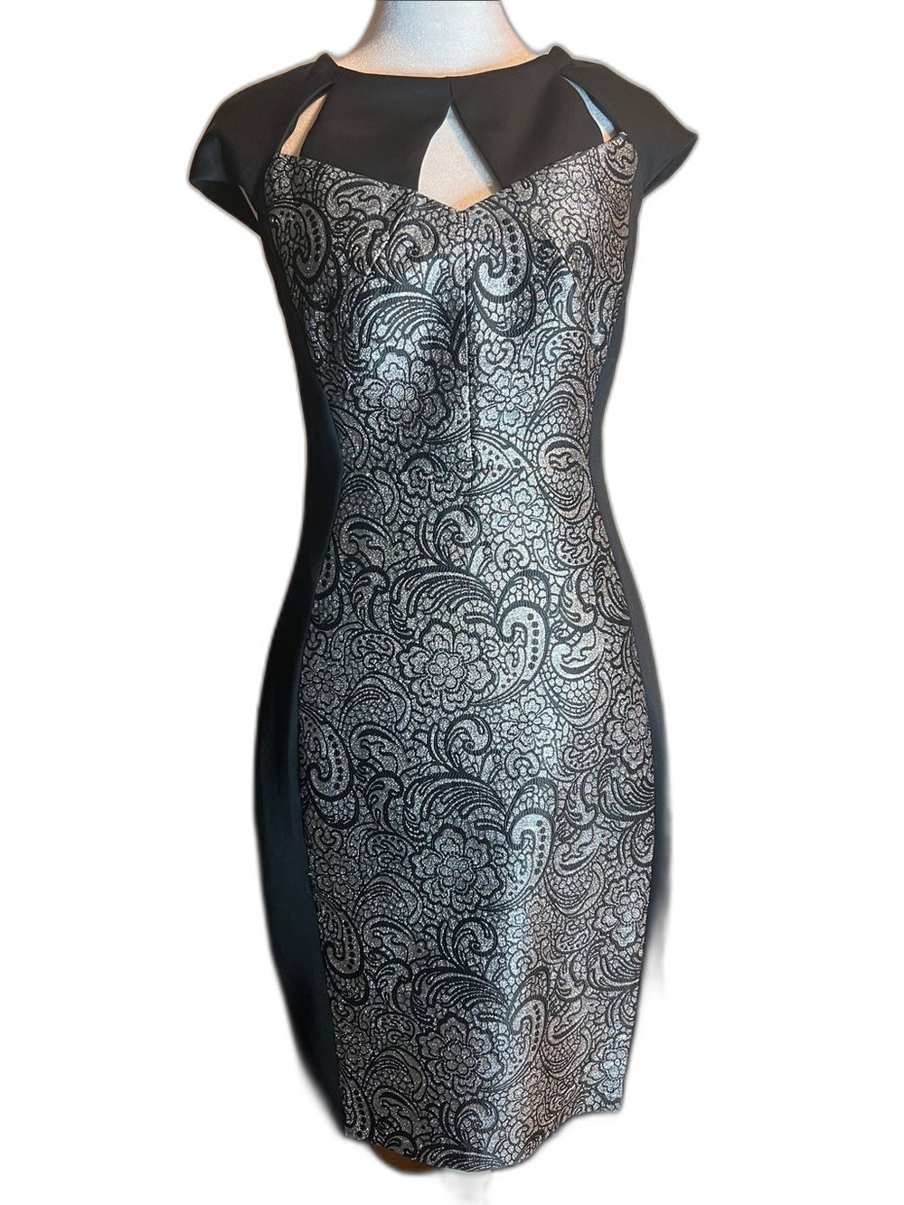 Jax Black and Silver Paisley Midi Dress Size 4